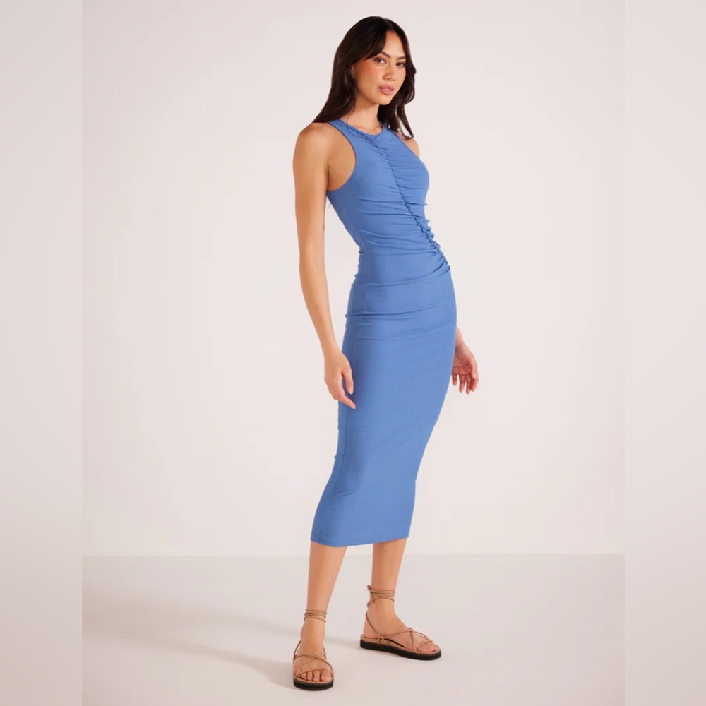 NWT MINKPINK Louis Asymmetric Ruched Blue Midi Dress Size M